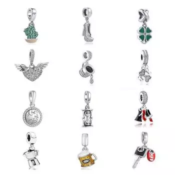 Европейский зеленый клевер кактус, подвеска для обуви, бусины из стерлингового серебра 925 пробы, подходят для модного браслета для женщин, изготовление ювелирных изделий