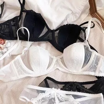 Европейский женский комплект нижнего белья, сексуальный кружевной ультратонкий 1/2 чашки, бюстгальтер больших размеров, модный бюстгальтер с вышивкой, комплект трусов с бюстгальтером пуш-ап 70B чёрный