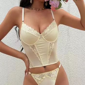 Европейский женский комплект нижнего белья, сексуальный корсет из рыбьей кости, кружевные длинные бюстгальтеры, высокое качество, корректирующее белье с цветочной вышивкой, комплекты нижнего белья, трусиков S коричневый