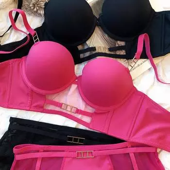 Европейский женский комплект нижнего белья, сексуальное кружевное полое дышащее нижнее белье с широкой пряжкой, бюстгальтер и трусики Push Up на косточках, розовое нижнее белье 75B чёрный