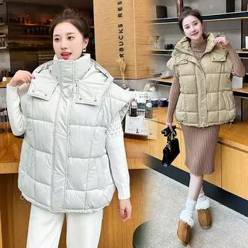 Европейский жилет для станции, женская новая мода, свободное пальто с капюшоном, тонкий пух, утолщенный хлопок S чёрный