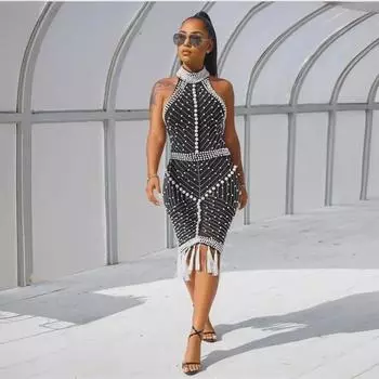 Европейско-американская мода Холтер шеи без рукавов мини-платье с бисером и кисточками L белый