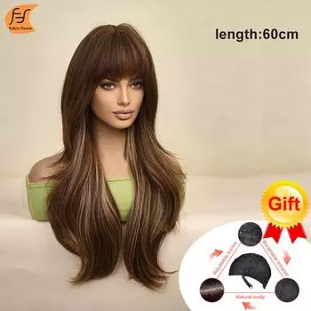 Европейско-американские волосы с длинной челкой, постепенные золотисто-коричневые длинные волосы, парик, покрывающий голову