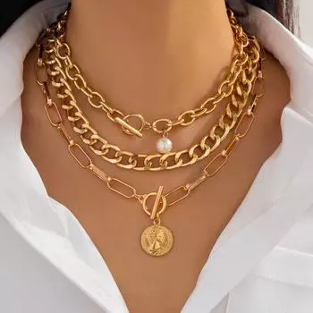 Европейско-американский хип-хоп стиль многослойное ожерелье из сплава неправильной формы necklace set 5656 золотой