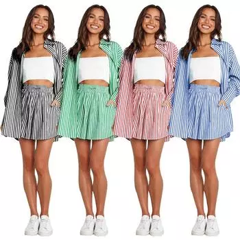 Европейско-американский комплект из двух частей в полоску весна/лето: Стильный женский костюм из рубашки с длинным рукавом и повседневных брюк S абрикосовый