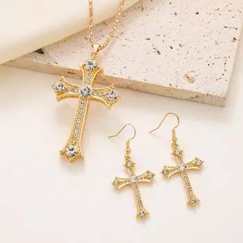 Европейско-американский панк-бриллиантовый крест-колье и роскошные серьги для женщин 2-piece set золотой