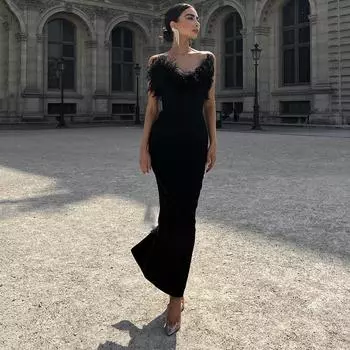 Европейско-американское элегантное платье-бандаж без рукавов с перьями Small абрикосовый