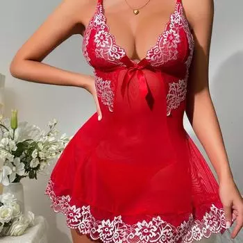 Европейско-американское кружевное сетчатое нижнее белье с бантом, ночная рубашка, пижама S кларет