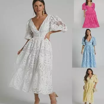 Европейско-американское лето 2025 женское длинное платье с V-образным вырезом и кружевной вышивкой Small розы красного