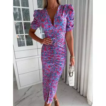 Европейско-американское лето Новое Мелкий цветочный Глубокий V-образный вырез Сексуальное Приталенное Складка Разрез Пышный Короткий рукав Миди Длина Длинное Платье Blue M