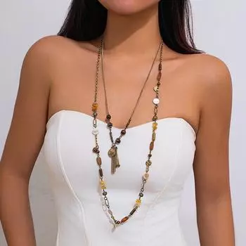Европейско-американское нерегулярное бирюзовое многослойное ожерелье: Универсальная длинная сплавная ключичная цепочка Necklace 5453 бронзовый