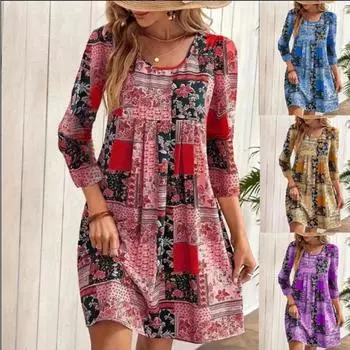 Европейско-американское осеннее женское платье с круглым вырезом и длинными рукавами, повседневное платье с принтом для женщин S жёлтый