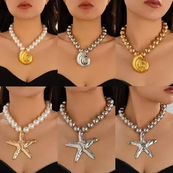 Европейско-американское ожерелье с подвеской в виде русалки и морской звезды с искусственным жемчугом для женщин 6469 золотой