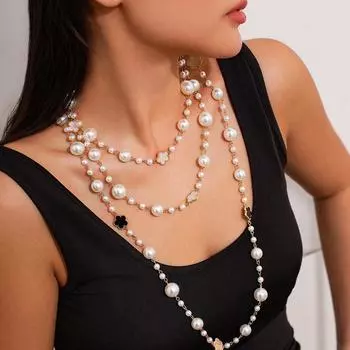 Европейско-американское ожерелье с жемчужными бусинами на длинной цепочке - стиль знаменитостей necklace 6721 золотой