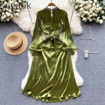 Европейско-американское платье, весна-осень, новые лоскутные платья с воротником-стойкой и бриллиантами, тонкие атласные платья S зелёный