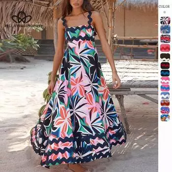Европейско-американское женское весенне-летнее новое богемное пляжное длинное платье на бретельках с принтом, повседневное тонкое длинное платье S