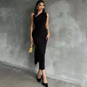 Европейское и американское летнее платье с покатыми плечами, однотонное, с разрезом, сексуальное, темпераментное, облегающее платье для женщин S