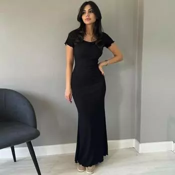Европейское и американское летнее женское платье чистого цвета с U-образным вырезом и короткими рукавами, облегающее длинное S чёрный