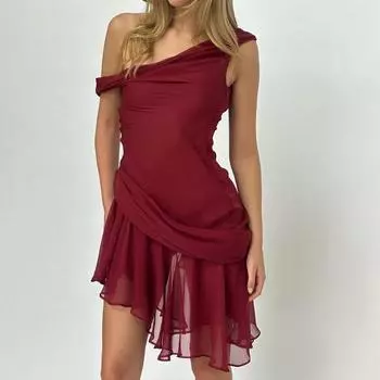 Европейское и американское летнее женское сексуальное темпераментное облегающее платье с косым вырезом без рукавов из однотонной сетки S