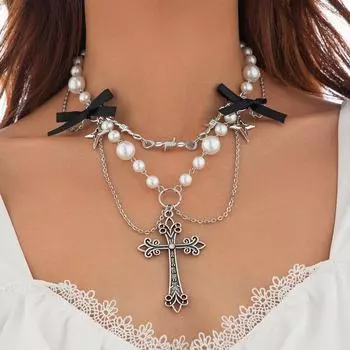 Европейское и американское металлическое ожерелье-бантик с искусственным жемчугом k 6503k1 белый