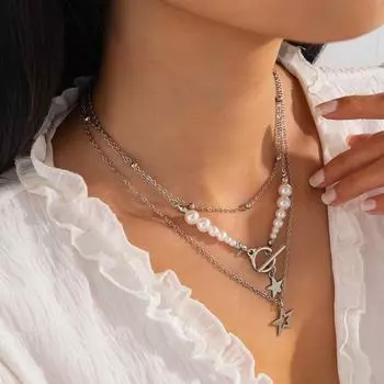 Европейское и американское многослойное ожерелье с подвеской в виде звезды и жемчужными бусинами K necklace 5713 белый