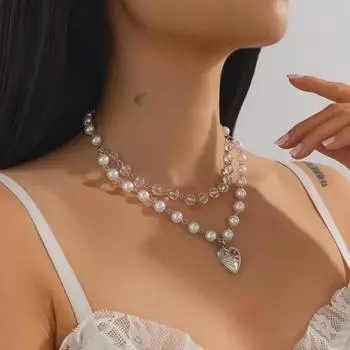 Европейское и американское многослойное жемчужное ожерелье на ключицу с подвеской из сплава Love K necklace 6930 белый