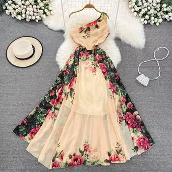 Европейское и американское модное платье с косым воротником, на одно плечо, на талии, облегающее платье А-силуэта без рукавов с принтом, элегантный темперамент S золотой