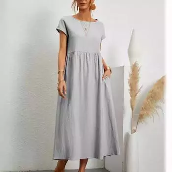 Европейское и американское однотонное свободное платье без рукавов из хлопка и льна с карманами XXL белый