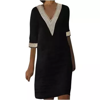 Европейское и американское осеннее хлопково-льняное платье с V-образным вырезом, кружевной строчкой, ретро, однотонное, с рукавами 3/4, для женщин XXXL оранжевый