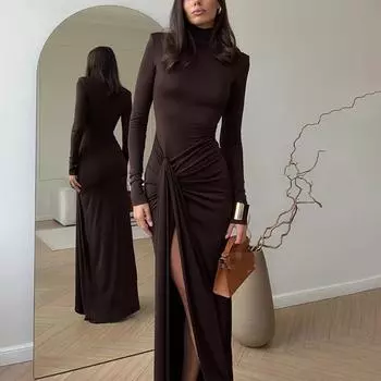 Европейское и американское осеннее модное платье с высоким воротом и длинными рукавами в стиле пэчворк с узлом на бретелях, облегающее, обтягивающее бедра, для женщин S