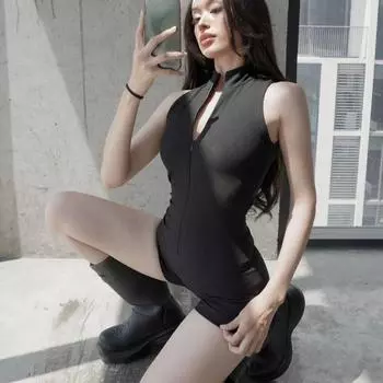 Европейское и американское осеннее облегающее нижнее белье с пикантным сексуальным комбинезоном на молнии и открытой спиной для женской одежды S