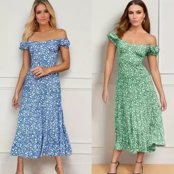 Европейское и американское осеннее платье 2024 года. Сексуальное длинное платье с открытыми плечами и принтом. S зелёный