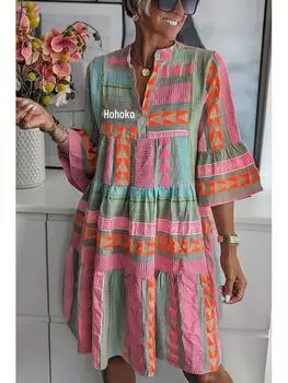 Европейское и американское осеннее платье с V-образным вырезом и принтом, с рукавами семь восьмых Medium