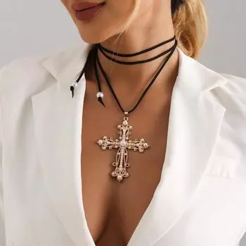 Европейское и американское ожерелье из бархатной веревки с увеличенным крестом и регулируемым шнурком золотой