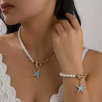 Европейское и американское ожерелье со звездой Fresh Oil Drop: Комплект цепочек для ключицы из сплава с имитацией жемчуга