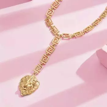 Европейское и американское ожерелье в форме буквы Y с подвеской в виде головы льва золотой