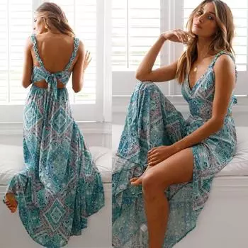 Европейское и американское платье на подтяжках, сексуальная длинная юбка с v-образным вырезом и принтом на шнуровке и разрезом L синий