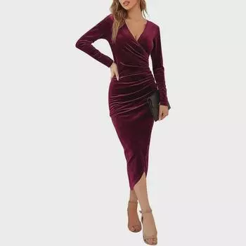 Европейское и американское платье с V-образным вырезом, нестандартное, однотонное, сексуальное, средней длины в стиле ретро