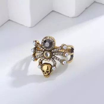 Европейское и американское ретро кольцо с черепом и пауком в виде жемчуга, женское волшебное кольцо в стиле барокко из старого золота No.7