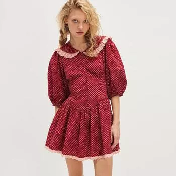 Европейское и американское ретро-платье в горошек с цветочным принтом и подчеркнутой талией, модное новое милое платье с кружевной отделкой и французским воротником-стойкой S красный