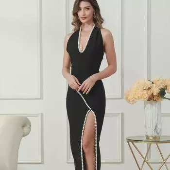 Европейское и американское роскошное черное длинное платье с бретелью через шею для женщин M чёрный