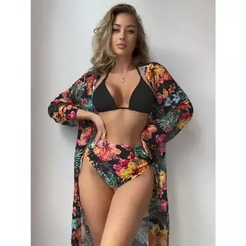 Европейское и американское сексуальное бикини, трехсекционный сетчатый блузка с принтом, купальник S