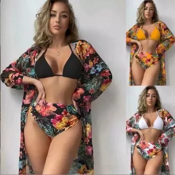 Европейское и американское сексуальное бикини, трехсекционный сетчатый блузка с принтом, купальник S