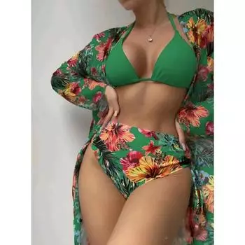 Европейское и американское сексуальное бикини, трехсекционный сетчатый блузка с принтом, купальник S