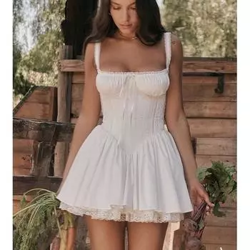 Европейское и американское сексуальное кружевное платье с высокой талией и лямками на спине, однотонное платье с подтяжками Medium