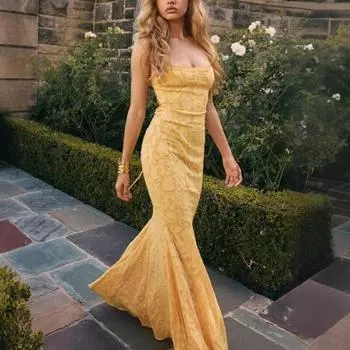 Европейское и американское сексуальное платье с открытой спиной, шнуровкой, облегающее, длинное, с запахом на бедрах S жёлтый