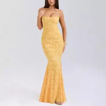 Европейское и американское сексуальное платье с открытой спиной, шнуровкой, облегающее, длинное, с запахом на бедрах S жёлтый