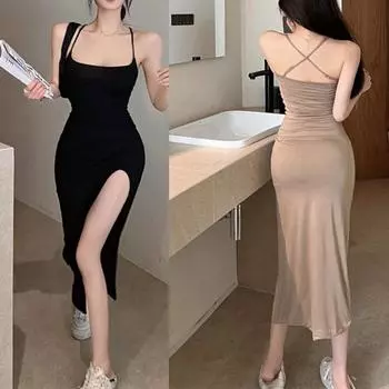 Европейское и американское сплошное цветное сексуальное облегающее платье с открытой спиной и подтяжками, минималистское платье, летняя женская одежда Onesize хаки