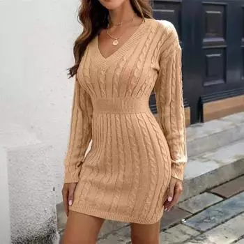 «Европейское и американское трикотажное сексуальное осеннее платье с V-образным вырезом - женская юбка с перекрученными бедрами» L синий