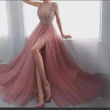 Европейское и американское вечернее платье 2021 года с однотонной вышивкой из пайеток и длинным сетчатым узором - сексуальный V-образный вырез M